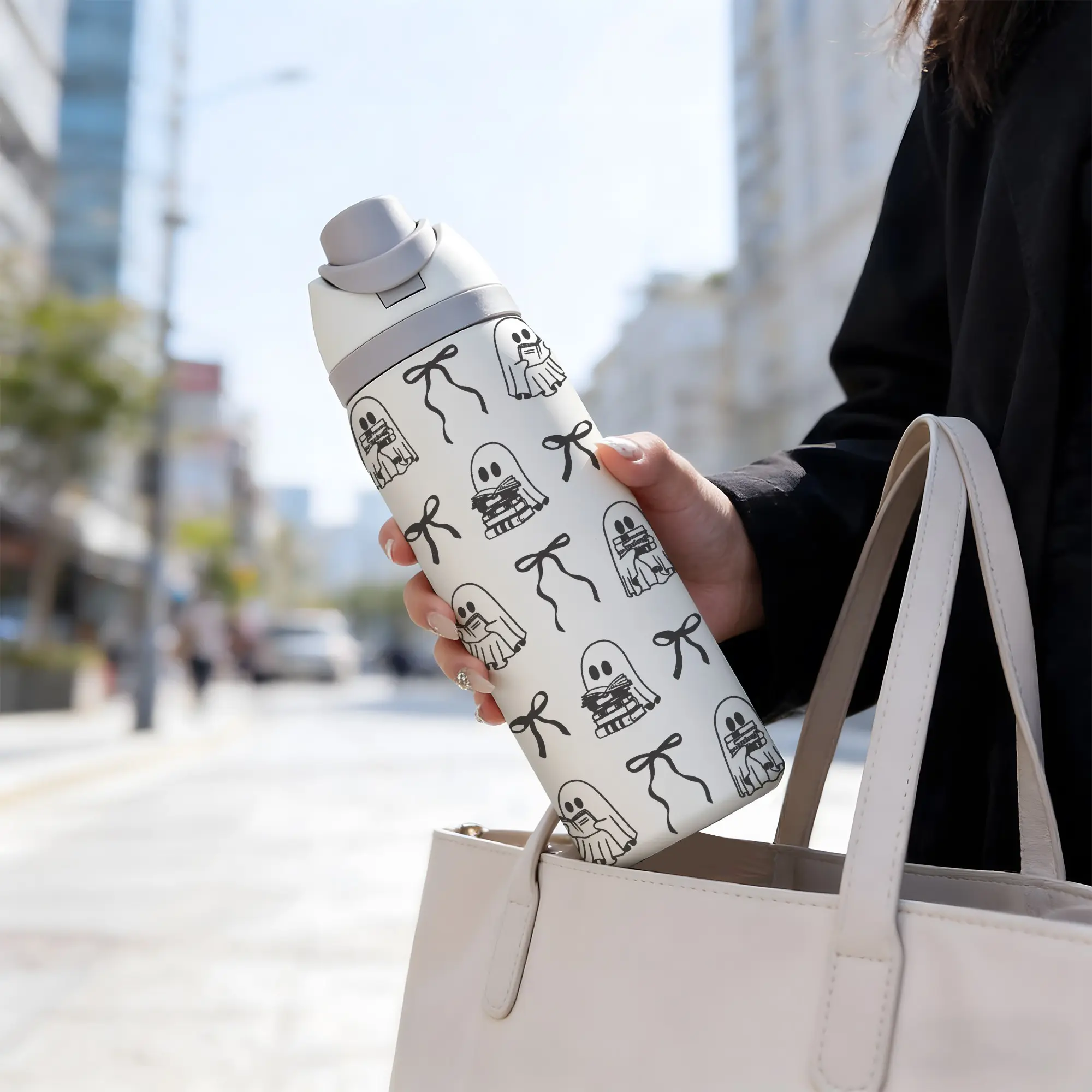 32oz Dual Drink Sports Water Bottle, Dark Butterfly Ghost Print, 304 Stainless Steel Insulated Flask Tumbler Cup, Hot Cold Thermos, Insulated Bottles, Perfect Gift for Outdoor Activities Drinkware