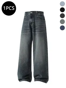 Men’s summer straight-leg washed jeans — trendy streetwear/high street, sporty, versatile casual loose long pants for men