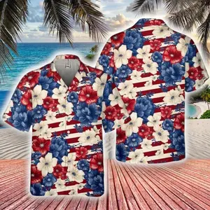 Patriotic Hibiscus Floral Hawaiian Shirt, American Fourth Of July Beach Hawaiian Beach Shirt, Hibiscus Flowers Tropical Beach Button Shirt