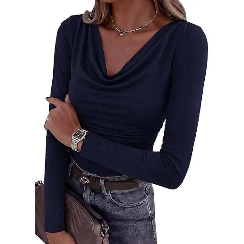 PRETTYGARDEN Women's Long Sleeve Shirts Fall Outfits Cowl Neck Ruched Slim Fitted Going Out Tops Y2K Fashion Clothing