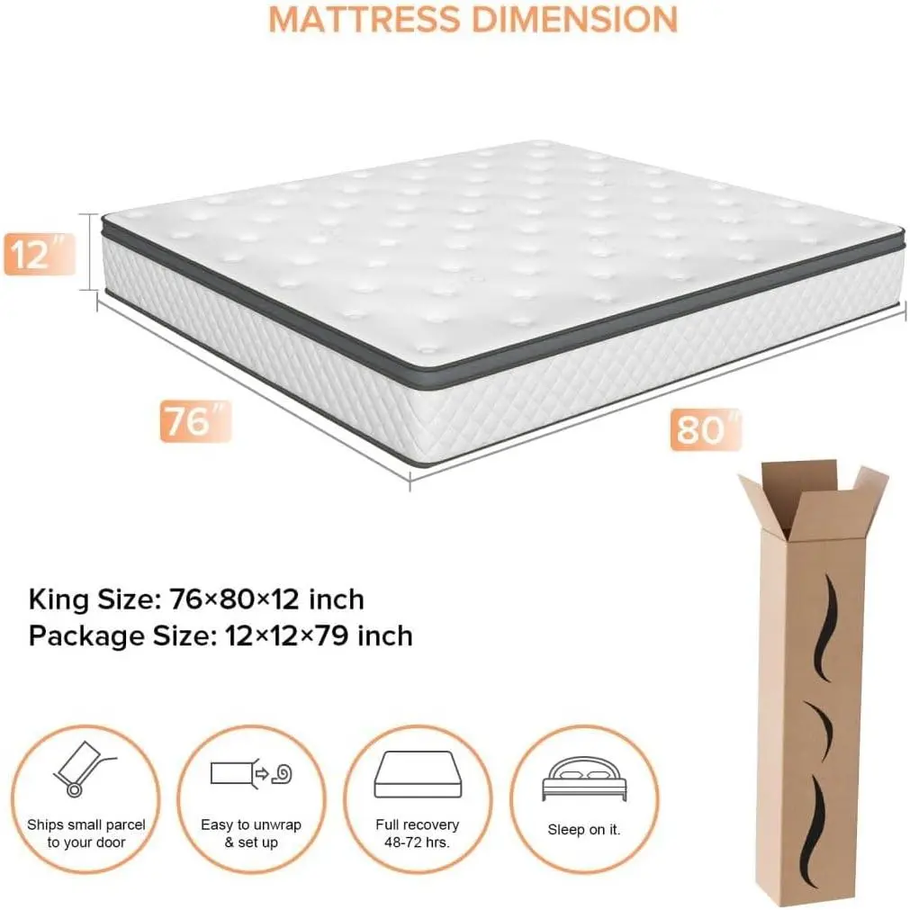 King Size Mattress, 12 Inch Medium Firm Pocketed Coil and High Density Foam Hybrid King Mattress, Edge Support, Motion Isolation, Pressure Relief