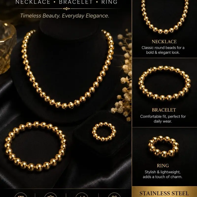 Women's Stainless Steel Beaded Jewelry Set – Necklace, Bracelet & Ring | Waterproof, Tarnish Resistant