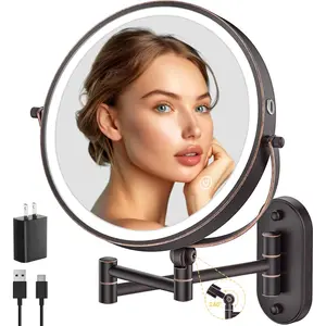 9" Wall Mounted Lighted Makeup Mirror,4000mAh Rechargeable Double Sided 1X/10X Magnifying Mirror with Light,3 Color Lights, Dimmable,Extended Arm 360 Rotation Wall Mounted Makeup Mirror (Bronze)