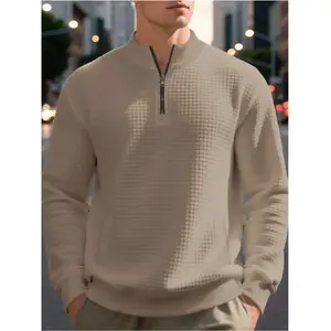 Men’s heavyweight small check pattern, simple and casual loose fit, stand-up/semi-high collar, quarter-zip long-sleeve base layer sweatshirt; warm and soft fabric; suitable for daily casual wear and outdoor sports; gifts for him—boyfriend, Christmas.