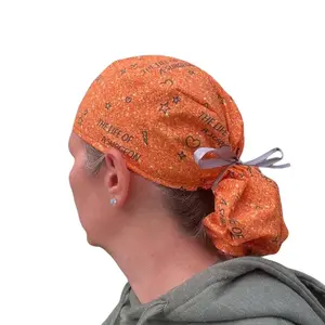 Life of a SURGEON Orange Glitter Print Ponytail Surgical Scrub Cap Hat for Women 100% Cotton Eco-Friendly Reusable with Cinching Ribbon Tie Back