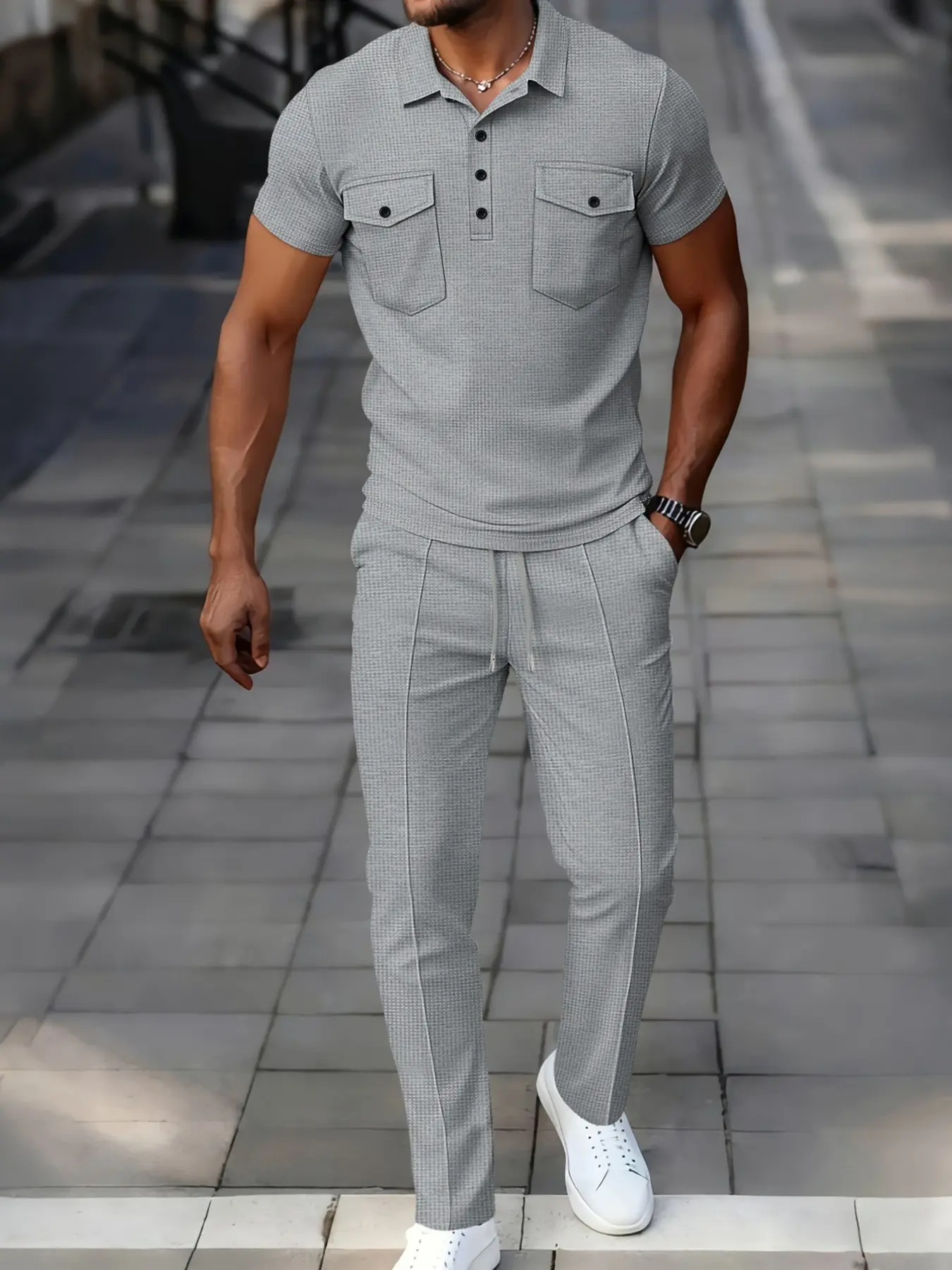 Men's 2-Piece Co Ord Set, Fashion Simple Classic Solid Color Pocket Single Button Collar Short Sleeve Shirt + Drawstring Waist Long Pants, Summer Casual, Valentine's Gift