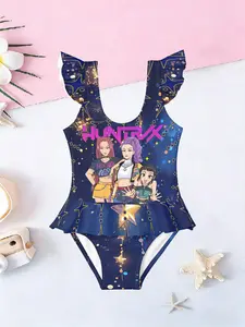 Children Girls' Starry Sky Printed Ruffle One-Piece Swimsuit, Cute Toddler Swimwear, Casual Fitted Design, Random Pattern