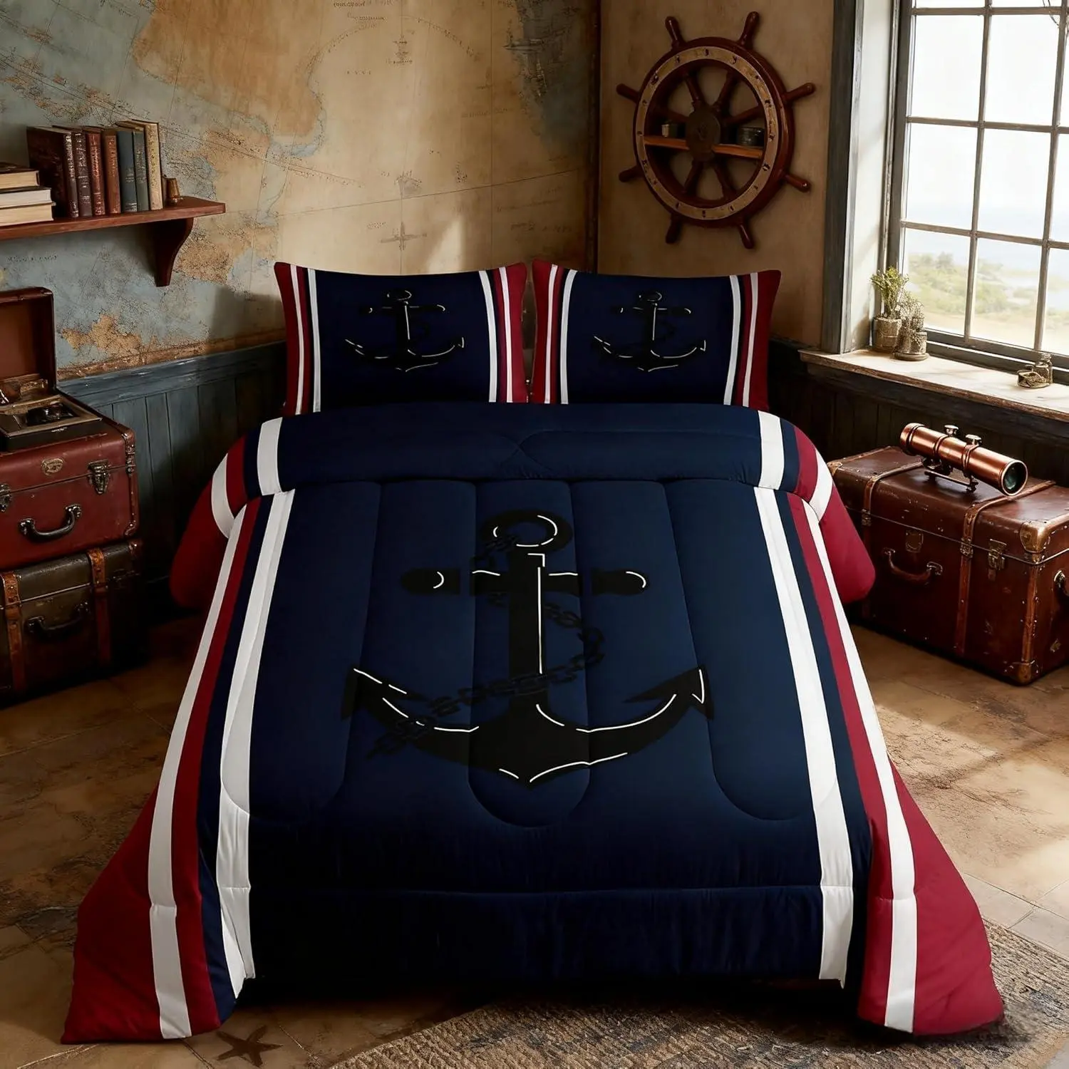 Anchor Nautical Comforter Set,Geometric Red Blue Stripes Bedding Set for Kids Girls Boys Bedroom Decor,Lake Home Style Down Comforter,Vintage Ocean Adventure Duvet Insert