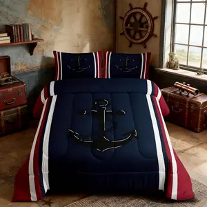 Anchor Nautical Comforter Set,Geometric Red Blue Stripes Bedding Set for Kids Girls Boys Bedroom Decor,Lake Home Style Down Comforter,Vintage Ocean Adventure Duvet Insert