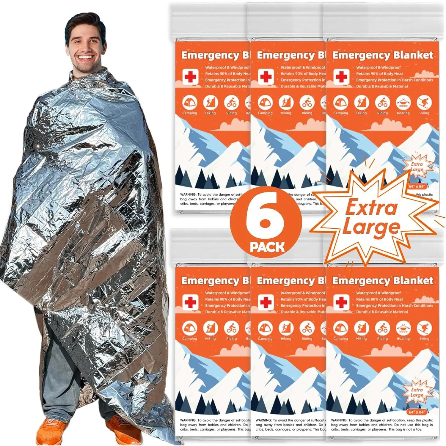 6 Pack  Thermal Blanket , 84" x 64"  Mylar Blankets for Outdoor, Space Blanket,  Foil for ,  Kit Camping Blankets,  Warmer, Hiking HahZen SPORT