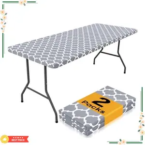 Smiry Rectangle Picnic Table Cloth 2 Pack, 6FT Waterproof Elastic Fitted Tablecloths, Washable Polyester Table Cover for Camping, Indoor and Outdoor (Grey Morocco, 30"x72")