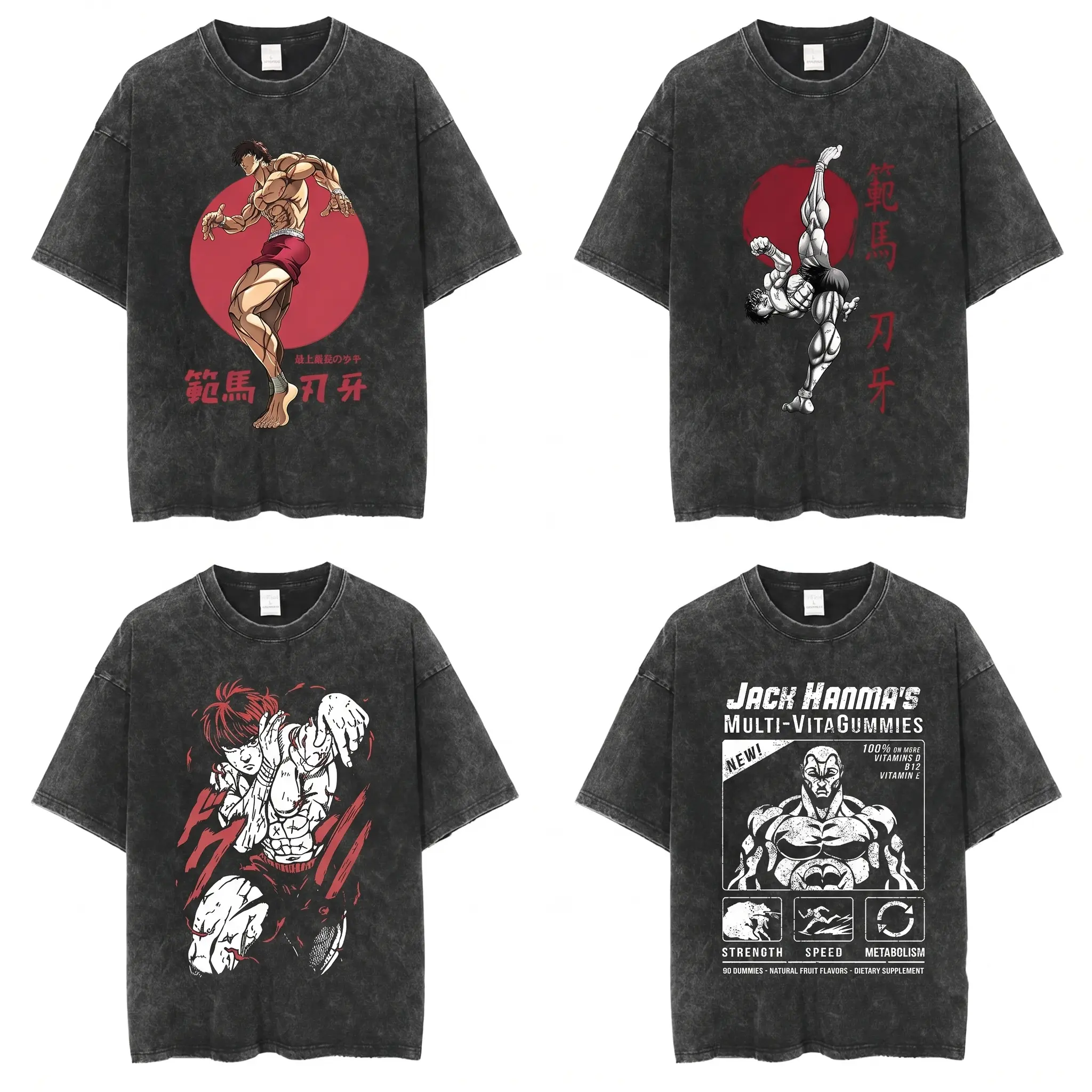 Baki Hanma Shirt, Baki Hanma Jack Hanma Multi-VitaGummies Martial Arts fashion wear Oversized Tshirt, Vintage Anime Graphic Tee, Acid Wash Streetwear, Red Sun Martial Stances High Kick Red Impact Lines Jack Hanma Multi-VitaGummies Parody Front Graphic Top
