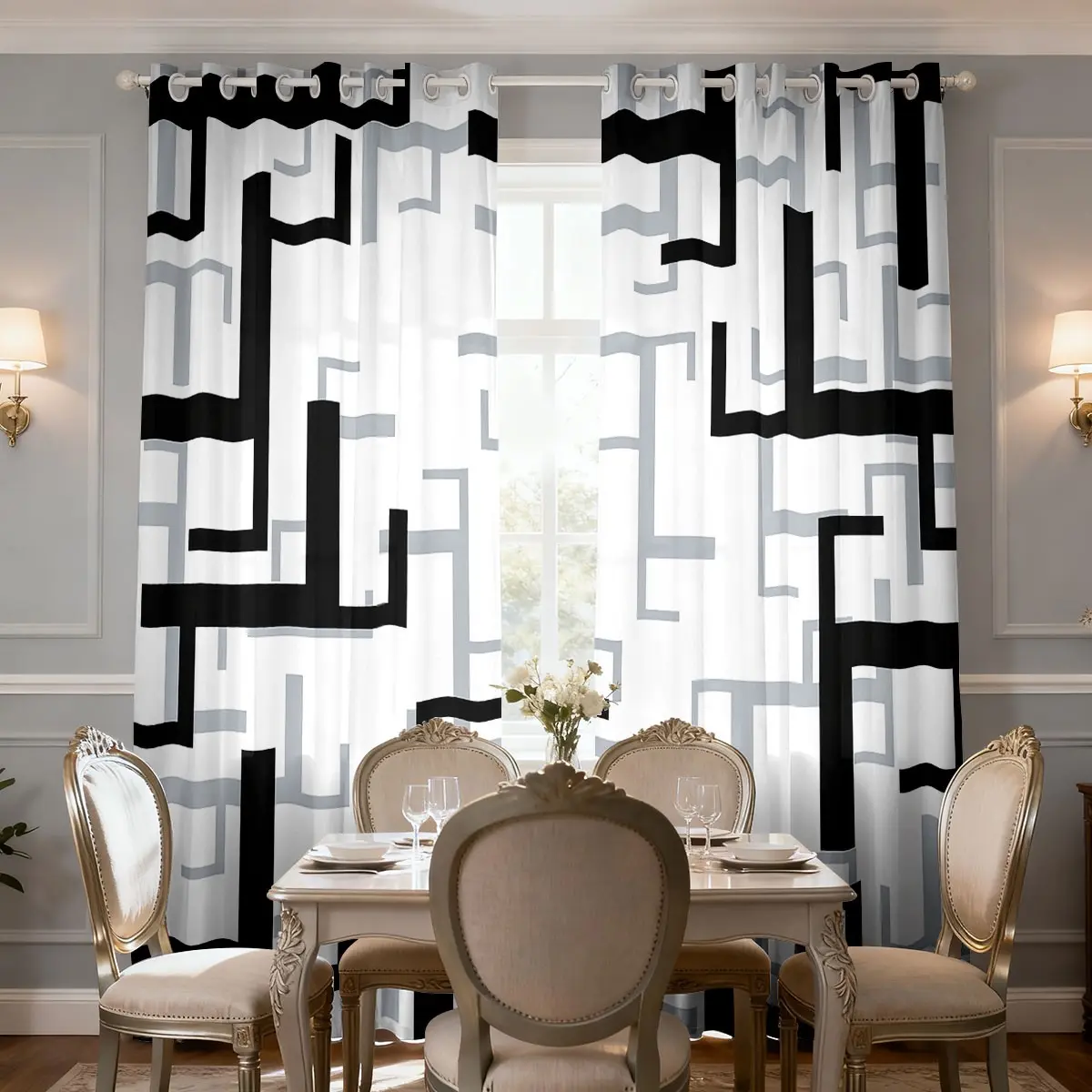 2-piece modern simple black and white gray geometric line printing filter translucent curtains suitable for machine washable decorative curtains in living rooms, bedrooms, kitchens, etc. Window Curtain