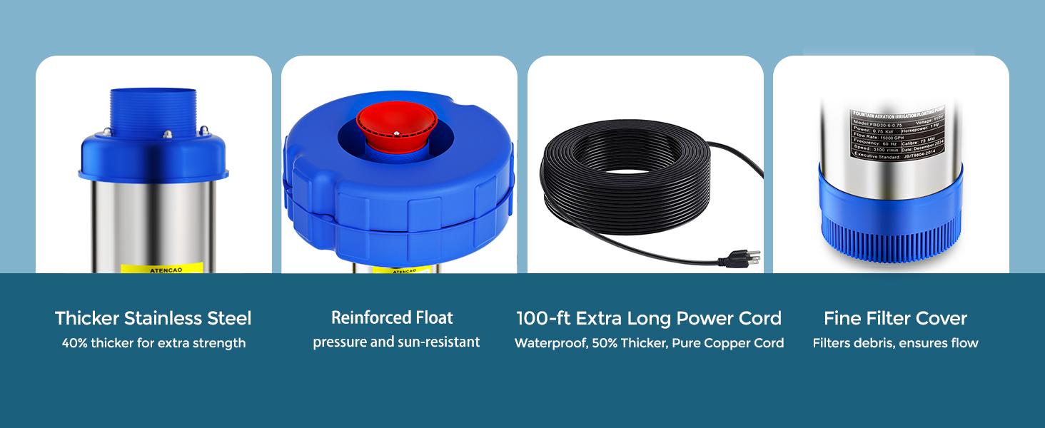 Pond Fountain Aerator 1HP 110V 750W 15000 GPH Floating Fountain Pump with 100 FT Power Cord 2 x 100 FT Rope Timer Fully Automatic Powerful Aerating Fountain for Larger Ponds, Lakes Pond Fountain Aerator 1HP 110V 750W 15000 GPH Floating Fountain Pump with 100 FT Power Cord 2 x 100 FT Rope Timer Fully Automatic Powerful Aerating Fountain for Larger Ponds, Lakes