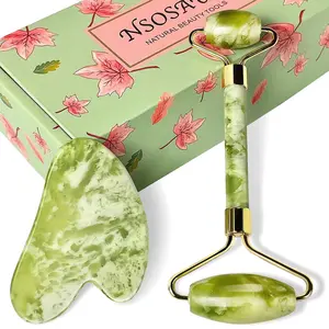 Gua Sha Facial Tool - Face Roller Natural Jade Roller for Face - Aging Wrinkles,Puffiness Facial Skin Care Product Massager - Premium Authentic Jade Stone (Jade Roller+Gua Sha)