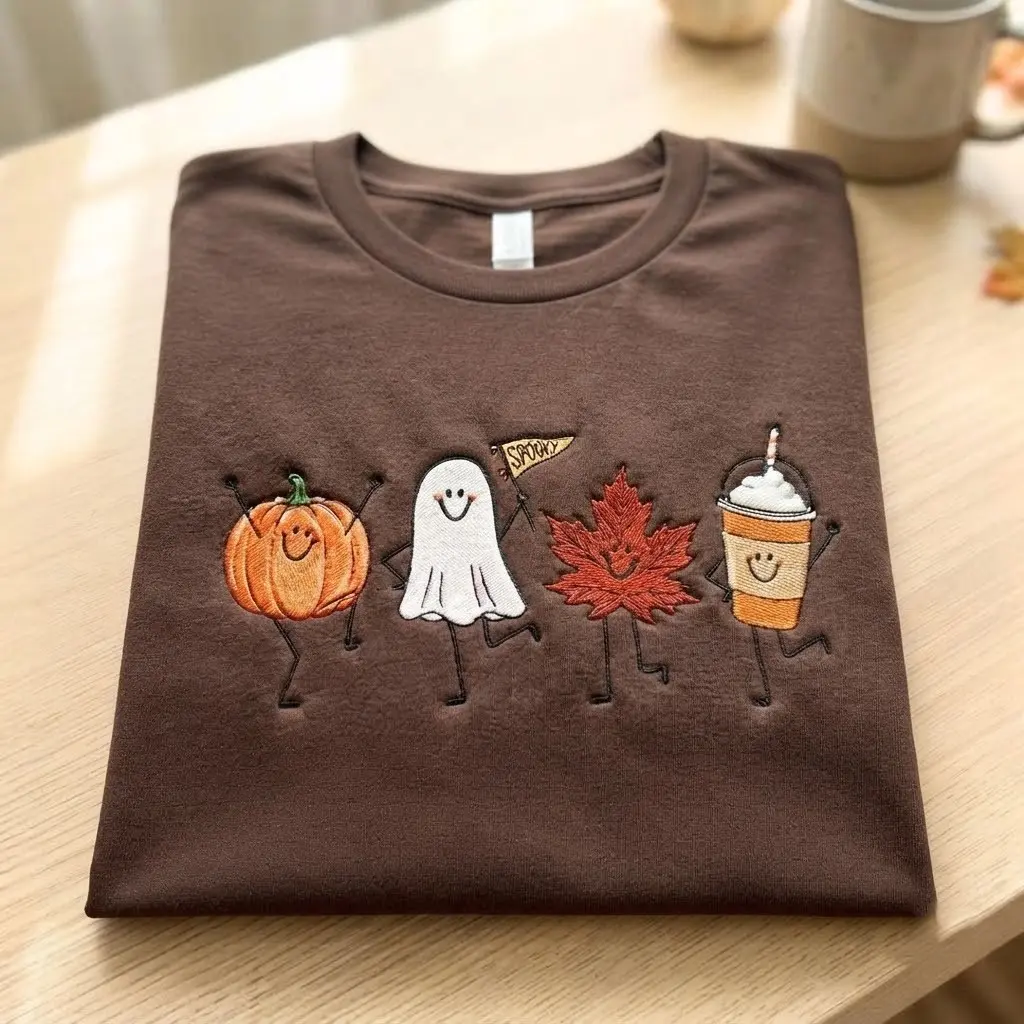 Fall Halloween Embroidered T-Shirt, Pumpkin Ghost Graphic Tee, Spooky Latte Shirt, Cozy Autumn Fall Tee, Halloween Lover Gift