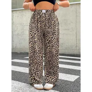 Large size women's leopard print woven fabric casual high waisted wide leg pants with pockets, multi-functional loose pants, suitable for commuting and daily wear