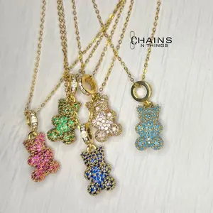 Gummy Bear Necklace 18K Gold Plated over Stainless Steel 16" Cable Chain 5A Cubic Zirconia Crystal Charm Men Women Girls jewelry gift Choose COLOR