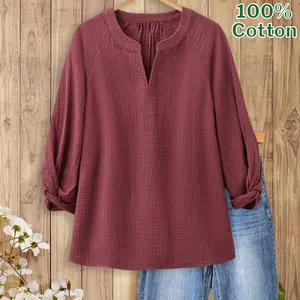 SageVell Women's 100% Cotton Blouse With Unique Knot Sleeves Soft Casual Trendy Top Round Neck 3/4 Length Twisted Cuff Detail Minimalist Basic Shirts