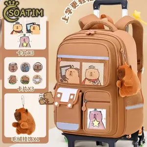 Capybara Children Cartoon School Backpack with Wheels Students Bags for Girls Boys Trolley  Schoolbag Rolling Wheeled Backpacks