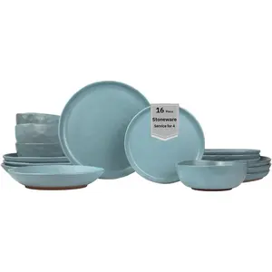 16- Stoneware Dinnerware Set for 4, Semi-Matte Teal Plates and Bowls Sets with Rustic Speckled , Ceramic Dish Set, Elegant Boho Farmhouse Dishes, Microwave & Dishwasher Safe, Kaya Blue