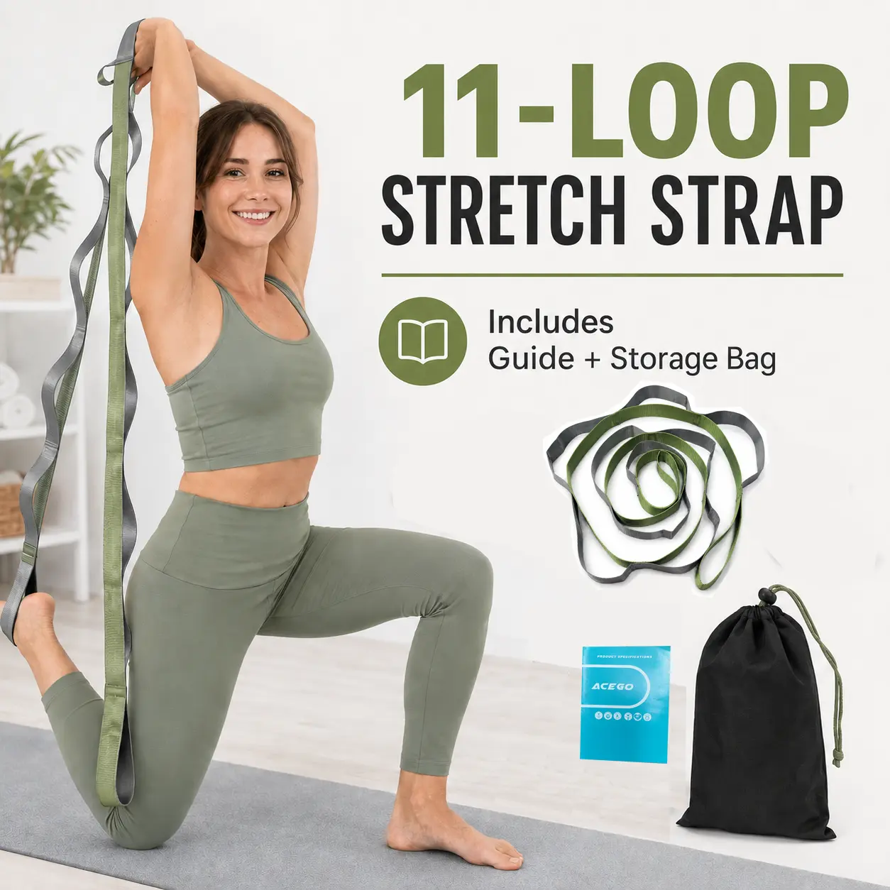 11-Loop Flexibility Stretching Strap, Non-Elastic 86.6 x 1.5 in Multi-Loop Strap for Hamstrings, Hips and Shoulders, Post-Workout Stretching, Sports Warm-Up and Cooldown