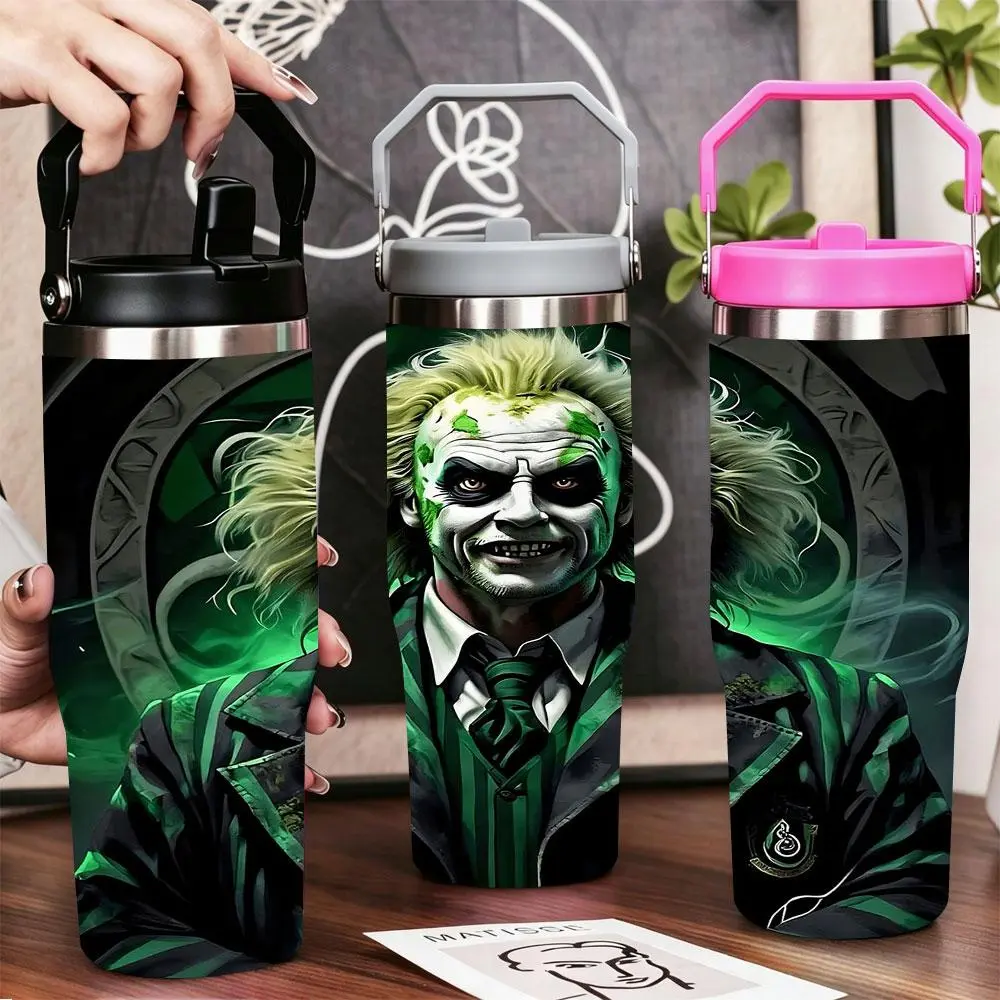 Beetlejuice Horror Green Character Makeup Stainless Steel Tumbler with Lid & Straw, 40oz-30oz-22oz-20oz-12oz Double Wall Vacuum Insulated Flasks, Leak-Proof BPA-Free Travel Mug for Gym, Office, Portable