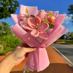 Handmade Crochet Lily and Tulip Yarn Bouquet, Cute Artificial Flower Arrangement for Home and Office Decor, Ideal Birthday Gift, Decorative Flowers