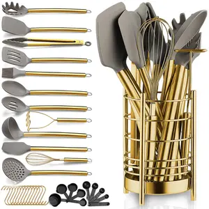 Gold Kitchen Utensils Set, 38 Pieces Non-Stick Silicone Cooking Utensils Set, Kitchen Tools Set, Spoon Spatula Set with Sturdy Stainless Steel Utensil Holder, Dishwasher Safe