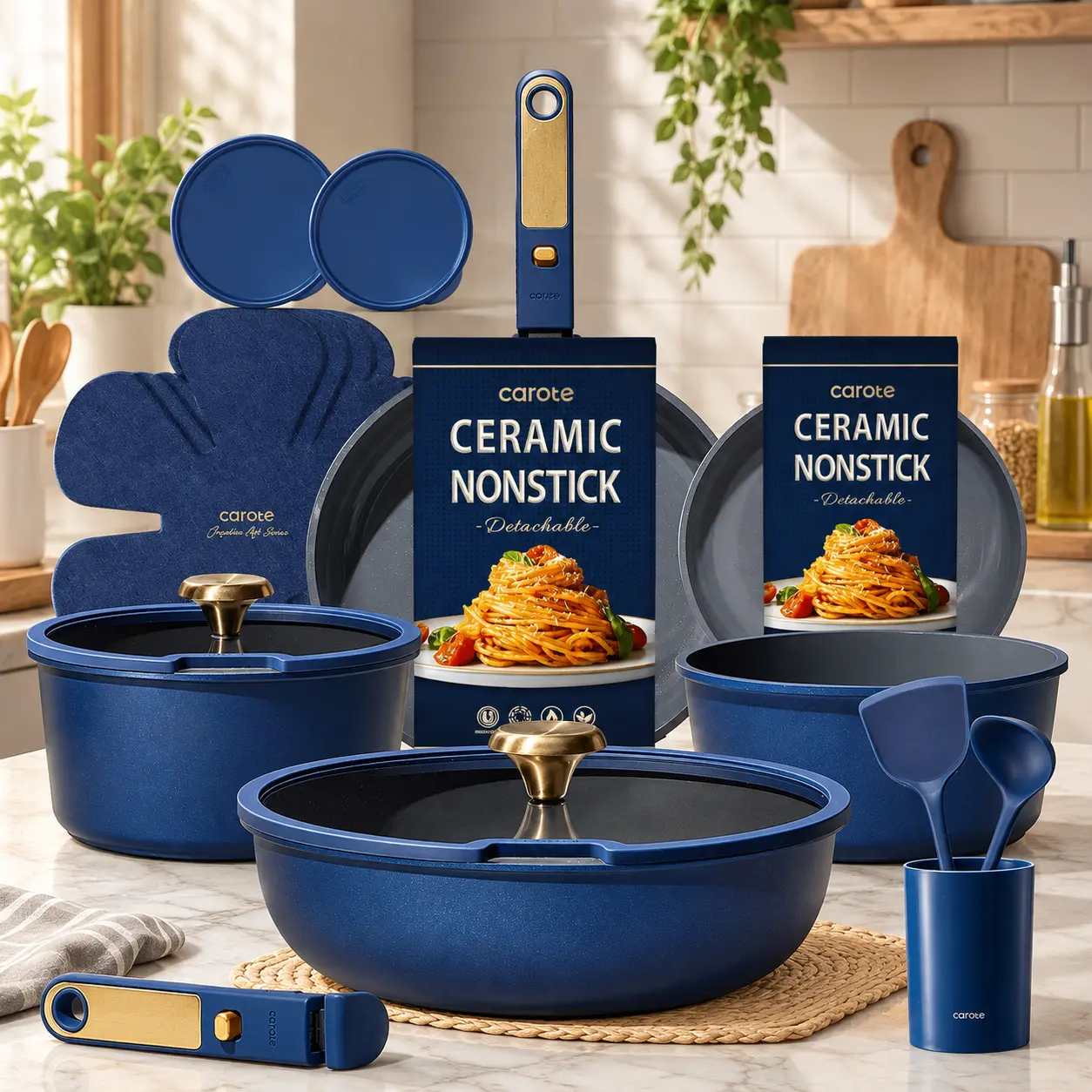 21-Piece Ceramic Cookware Set, Nonstick Pots and Pans with Detachable Handles, Induction Compatible