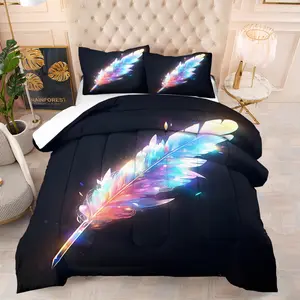 2/3 Piece Dreamy Watercolor Feather Print Cozy Bedding Set, Goose Feather Pattern Comforter Set, Ultra-Fine Fiber Soft and Breathable, Simple and Fashionable Bedroom Decoration Soft and Breathable, Including 1 Quilt and 1/2 Pillowcases