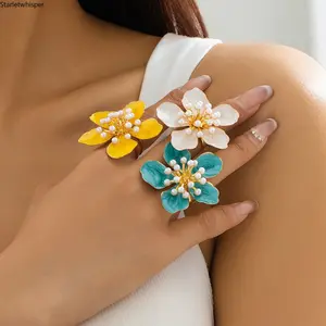 Spring Summer Floral Ring for Women, Colorful Enamel Design with Faux Pearl Inlay, Minimalist Statement Style, Dainty & Stackable Accessory Perfect for Daily Wear, Dates & Vacation Outfits