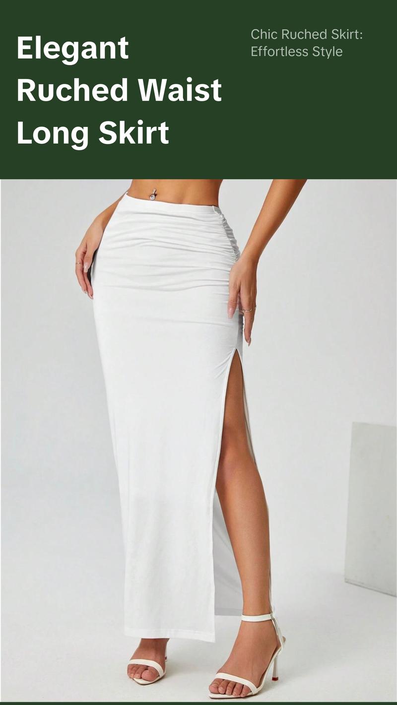 Elegant Ruched Waist Long Skirt for Women - Casual Knitted Fabric with Side Slit for Everyday Comfortable Style - All White Party Wear Womenswear Bottom