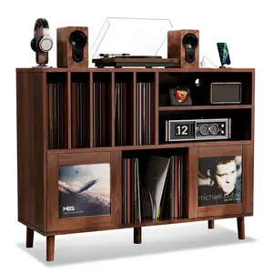 Mid Century Modern Record Player Table,Record Player Stand with Sliding Doors, Record Storage Cabinet with Charging Station & USB Ports