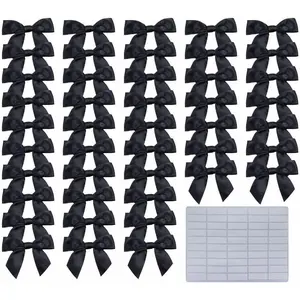 2.5"  Black Satin Ribbon Bow for  Wrapping, Premade Bows for Crafts, Cake, Party Favors, Handmade Bows with Double-Sided Tape, Self Adhesive  Bows for Presents, , Christmas - 50 count