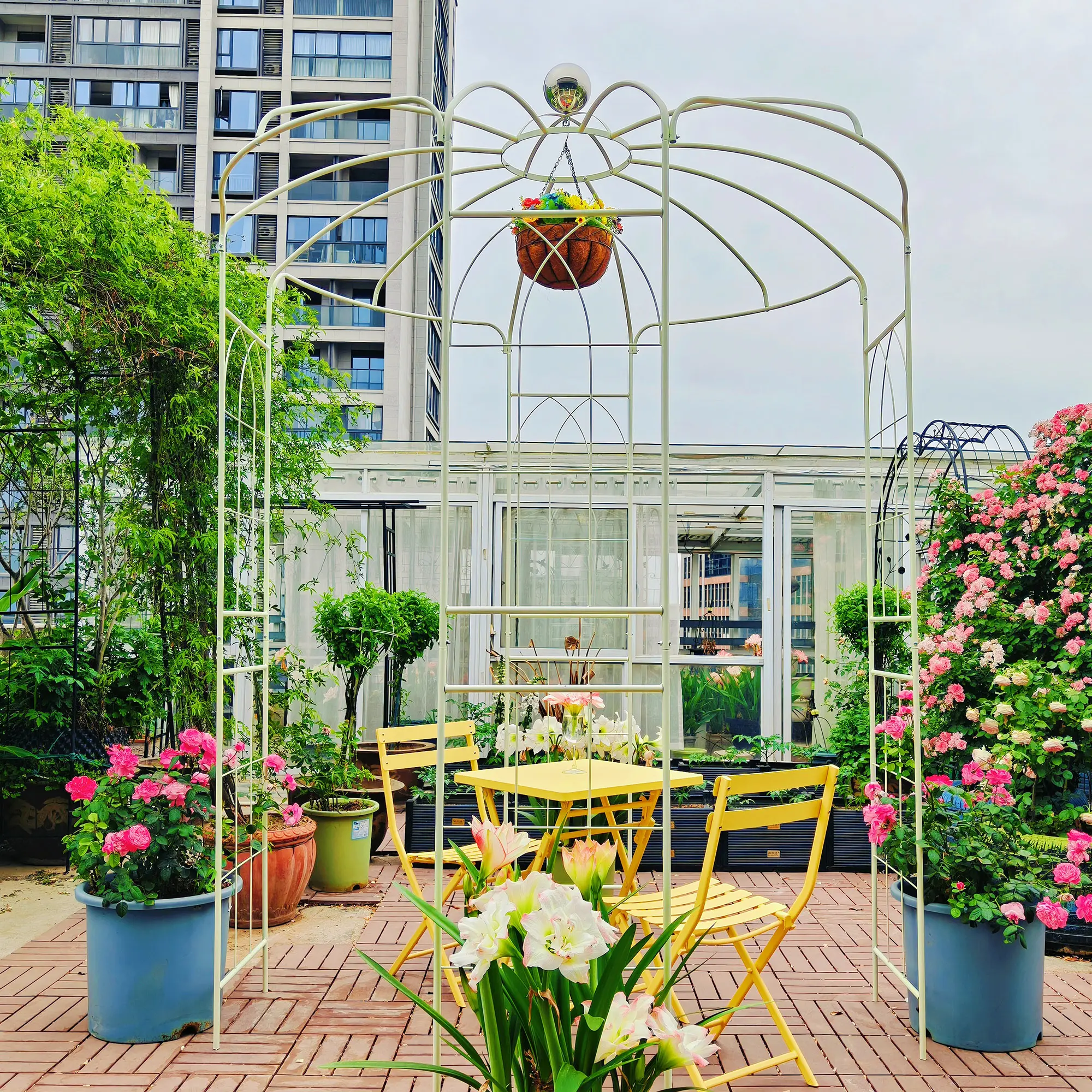 Metal Garden Arch Iron Arbors Gazebo 81.3'' x 114.2'' High Birdcage Shape Pergola Pavilion for Wedding Ceremony Outdoor Patio Decor Cream White, Garden Arbor Trellis for Climbing Plants, Outdoor Wedding Arch for Ceremony Backdrop