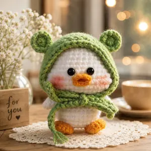 Crochet Duck Wearing Frog Hat, Handmade Rubber Duck Keychain, Kawaii Amigurumi Bag Charm, Gifts for duck lovers