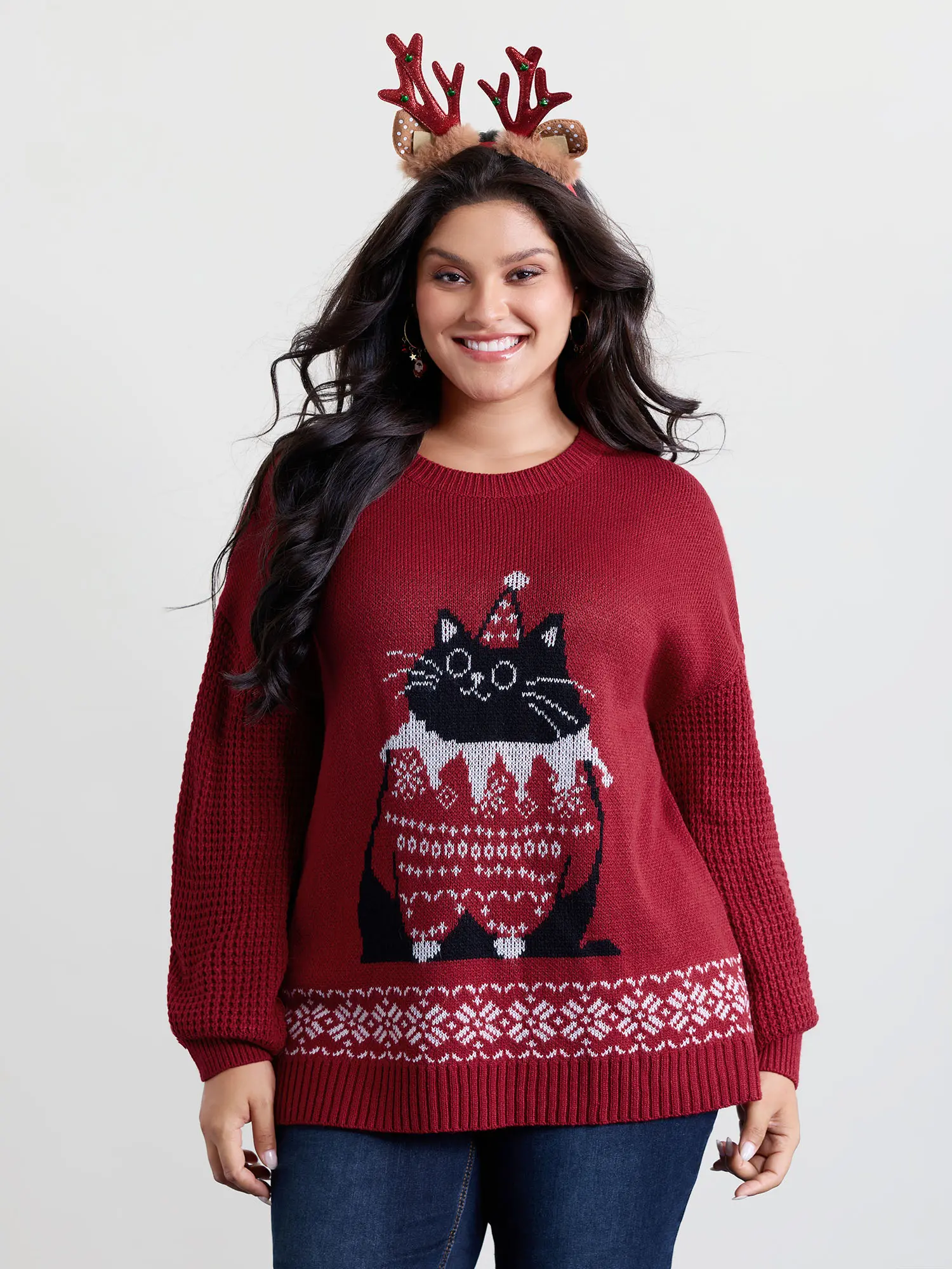 BloomChic Women's Plus Size Scarlet Cat Print Sweatshirt, Festive Drop Shoulder Long Sleeve Loose Fit Soft Acrylic Pullover, Sweatshirts, Garment, Animal Print, Fabric, Casual, Leisure, Round Neck, Style, Simple, Curvy Clothing, Soft Texture, Christmas, T