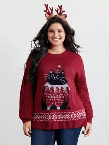 BloomChic Women's Plus Size Lady Clothes Festive Cat Animal Print Pullover - Scarlet Round Neck Micro Lantern Long Sleeves, Loose Fit Flat Fabric Top, M-6X Sizing, 2026 Summer Essential Mother's Day Pick Sweatshirts Garment Womenswear Swimweek