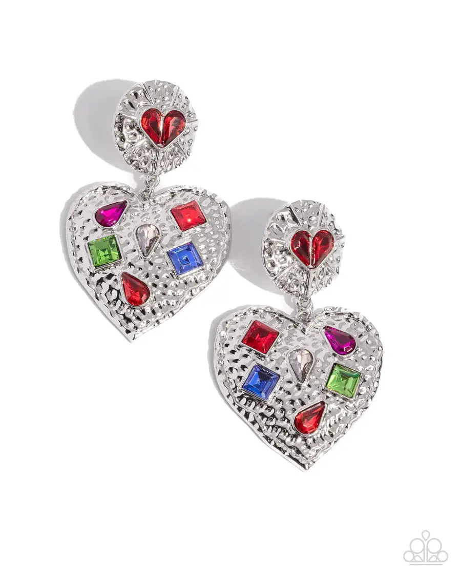Antiqued Allure Red Heart Earrings with Colorful Stones and Clear Accents