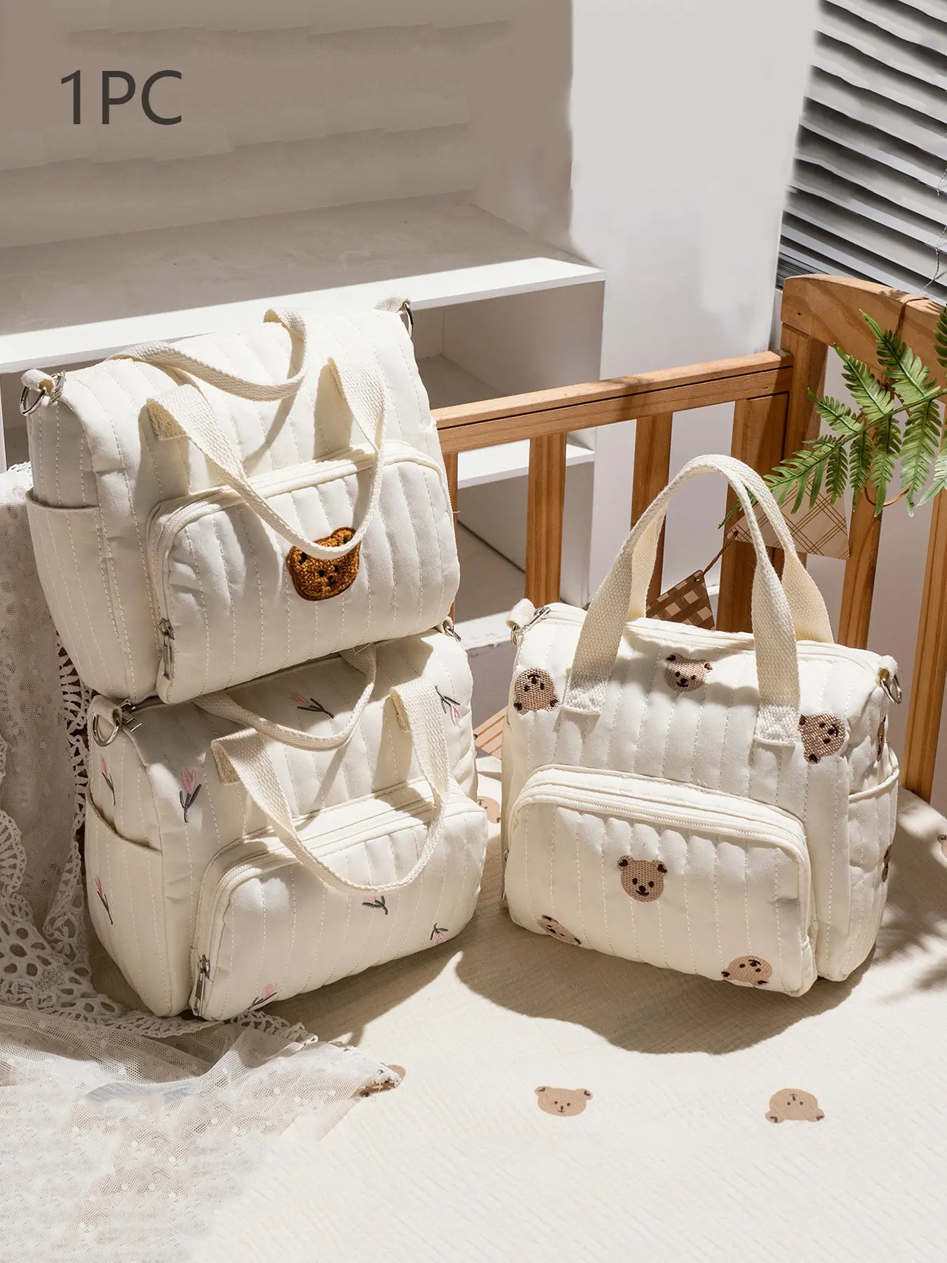 Stylish simple bear print seam Mommy bag, Best Diaper Bag, cotton breathable handbag, versatile casual storage shoulder messenger bag, classic versatile suitable for daily commuting, shopping, Diaper Bag Purse, Mummy Bag