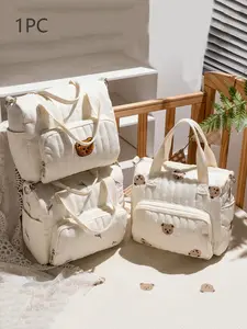 Stylish and simple bear print seam Mommy bag, niche cotton breathable handbag, versatile casual texture storage shoulder messenger bag, personality classic  versatile  suitable for daily commuting, shopping and so on.