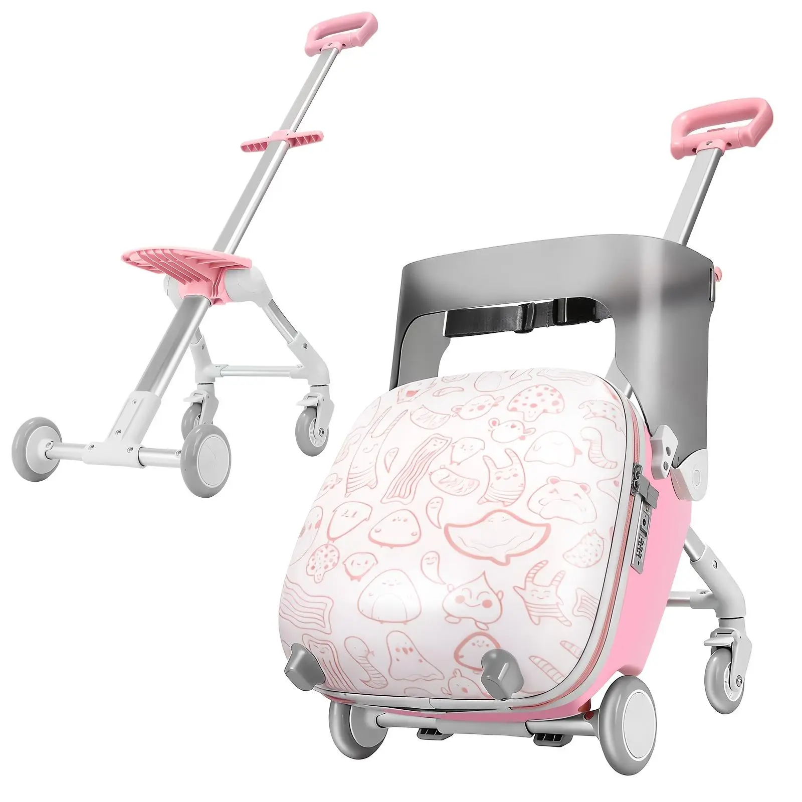 Kids' 3-in-1 Hardshell Ride-On Suitcase with Stroller - Compact Airplane Travel Luggage Cart, Children's Bag, Childrens Bag