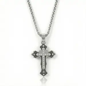 Unisex Stainless Steel Cross Pendant Necklace with Zircon Meaningful Christian Cross Necklace Jewelry for Men & Women
