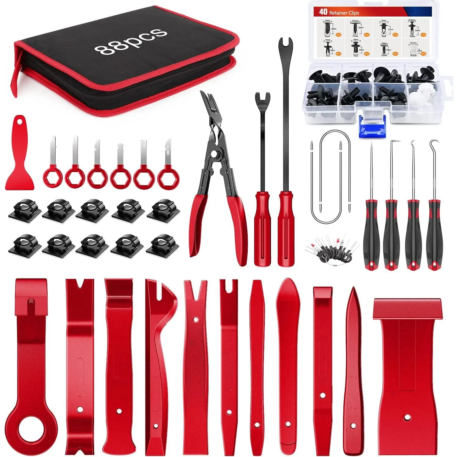 Nilight 88-Piece Abrasion-Resistant Impact Proof Nylon Fiber Car Repair Kit - 1*Trim Clip Removal Pliers, 11*Trim Removal Tools, Prying Tools, Push Pin Bumper Retainers, Fastener Terminal Remover, Adhesive Cable Clips, 8 Hole Sizes, Fits Most Cars