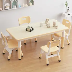 Kids Table and 4 Chairs Set, Height Adjustable Toddler Table and Chair Set, Graffiti Desktop, Children Multi-Activity Table for 4, Kids Study Table for Home Daycare Preschool for Ages 2-8,Beige