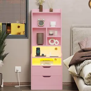 Sikaic Tall Night Stand with Charging Station and LED Lights, Nightstand with Bookshelf, Bedside Table with Drawers & Power Outlets, End Side Table for Bedrooms, Pink