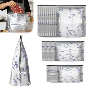 Refrigerated Food Reusable Aluminum Foil Sealable Storage Bags 2025 New Resealable Vacuum Zipper Pouches for Vegetables Fruits Meat 30PCS 3 Sizes with Label and Zip Lock Pack