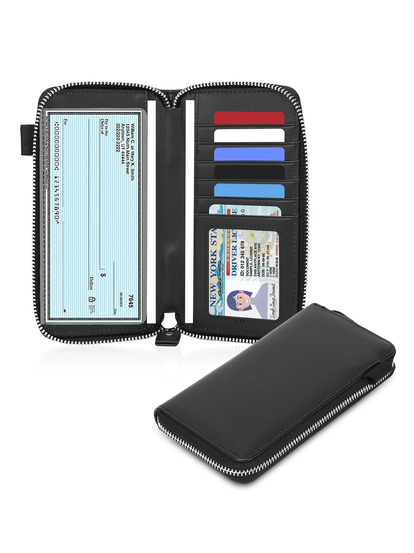 Leather Zipper Checkbook Cover, RFID Blocking Wallet, Cowhide Material, Unisex, Multiple Compartments, Card Slots, Luxury Design, RFID Wallets