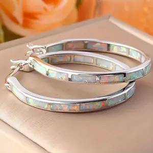 1pair Pretty S925 Sterling Silvery Hypoallergenic Hoop Earrings Embellished With Opal Bohemian Elegant Style Delicate Female Earrings